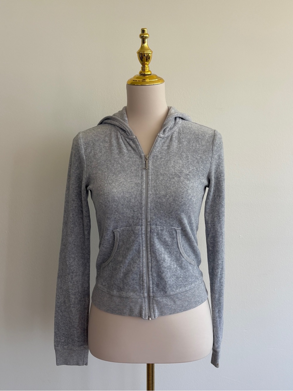 Vintage Juicy Couture gray velour zip-up hoodie with the colorful “Live for Suga